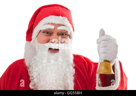 Close-up portrait of happy Santa Claus avec Bell contre fond blanc Banque D'Images