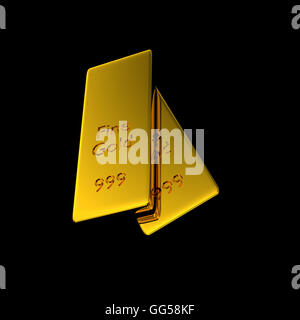 Déposer deux barres d'or sur fond noir, 3D Rendering Banque D'Images