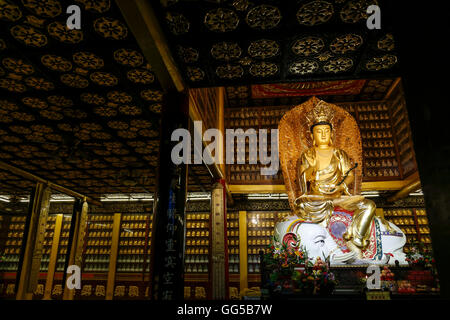 Statue de Bouddha et des décorations dans une des salles du Temple de Baoguo, Mt. Emei, Leshan, Sichuan, Chine. Banque D'Images