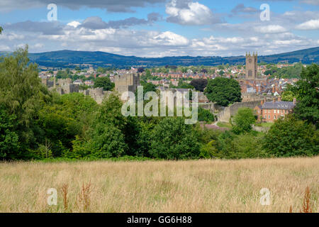 Vue sur la ville et du château de Ludlow commun Witcliffe, Shropshire England UK. Ludlow est à la frontière de l'Angleterre et au Pays de Galles. Banque D'Images