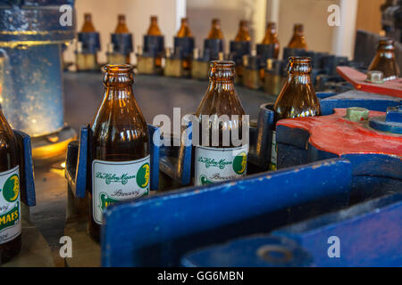 Les bouteilles de bière sur la ligne d'assemblage de Brouwerij Henri Maes, brasserie belge à Bruges, Belgique Banque D'Images