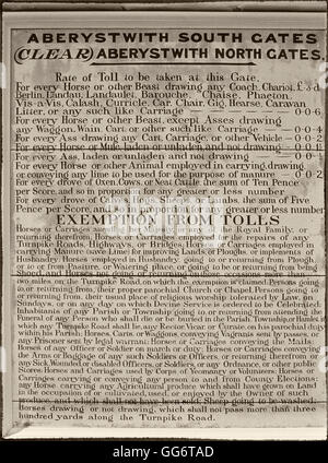 Liste détaillée des péages sur le côté de l'Aberystwith Toll House, National History Museum, St Fagans, Cardiff, Pays de Galles, Cymru, UK Banque D'Images