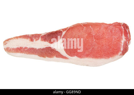 Tranche de bacon cru isolé sur blanc. À partir de ci-dessus. Banque D'Images