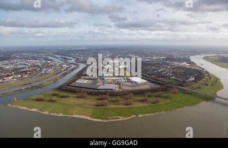 Vue aérienne de la Ruhr, se jette dans le Rhin, l'embouchure de la rivière Ruhr, Kassel Champ à Blumenkampshof, Rhin, vue aérienne de Duisburg, Banque D'Images