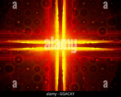 Fiery orange éclatant croix, cercles vacants, la nanotechnologie, computer generated abstract background Banque D'Images