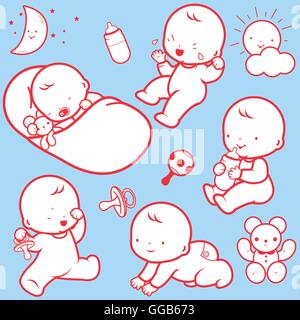 Bébés mignons dormant, jouant, pleurant, buvant du lait, rampant. Heureux bébé fille et garçon en bas âge. Illustration vectorielle Illustration de Vecteur