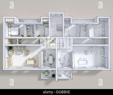 Le rendu d'intérieur 3d illustration de la double appartement meublé avec des lignes à main levée des croquis Banque D'Images