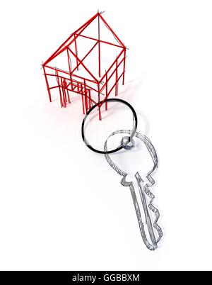 Illustration 3d rendu des porte-clés en métal en forme de maison rouge avec des lignes à main levée Banque D'Images