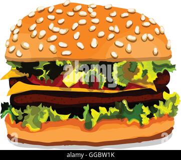 Hamburger à la main isolé sur fond blanc. Vector illustration. Illustration de Vecteur