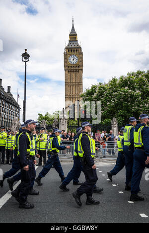 La police anti-émeute, pas plus d'austérité - Non au racisme - conservateurs doivent G, démonstration, 16 juillet 2016, Londres, Royaume-Uni, UK Banque D'Images