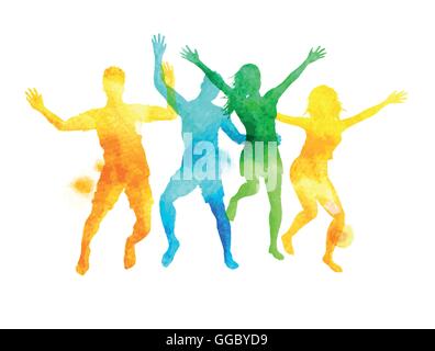 Un groupe d'amis sautant en été. Vector illustration à l'aquarelle. Illustration de Vecteur