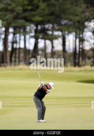 Ecosse de Paul Lawrie sur le troisième trou au cours de la première journée de la Paul Lawrie Match Play à Liens Archerfield, East Lothian. Banque D'Images