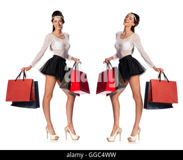 Collage de deux femmes, portrait d'une belle jeune brunette girls posing with shopping bags, isolé sur whit Banque D'Images