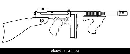 Un Tommy gun comme utilisé par des gangsters dans les années folles, isolé sur fond blanc. Illustration de Vecteur