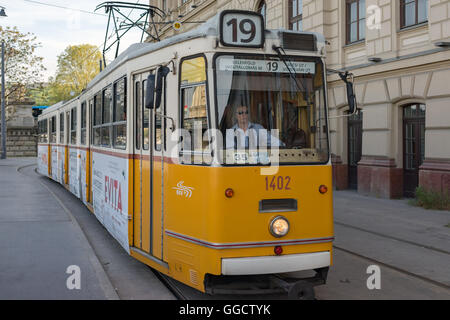 Un tramway de Budapest se déplaçant le long du Danube vers l'île Margaret. Banque D'Images