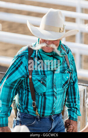 Cowboy avec guidon moustache ; Chaffee County Fair & Rodeo, Salida, Colorado, USA Banque D'Images