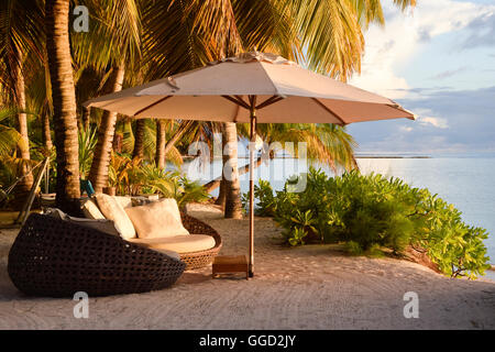Géographie / billet, les Seychelles, l'Île Amirante, Desroches Island, hotel, hôtel, mer, palm, coin salon, parasol, Additional-Rights Clearance-Info-plage,-Not-Available Banque D'Images