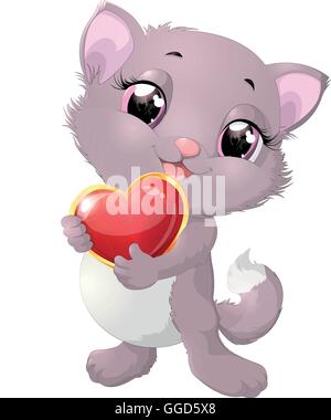 Beau chaton gris avec coeur Illustration de Vecteur