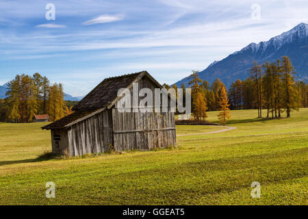Vieille cabane en bois en montagne à l'automne. paysage rural Mieminger Plateau, l'Autriche, l'Europe. Banque D'Images