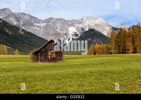 Paysage rural de l'automne de Plateau Miemenger avec des pics des montagnes rocheuses en arrière-plan. L'Autriche, l'Europe, le Tyrol. Banque D'Images