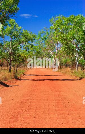 Une route de terre sèche mène à travers le pays de scrub le Kakadu National Park, Territoire du Nord, Australie. Banque D'Images