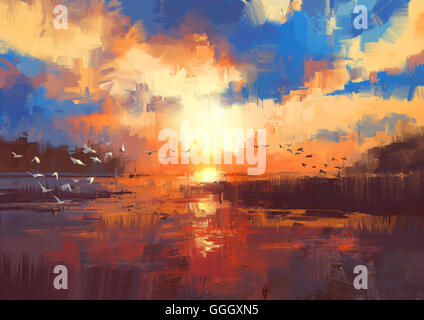 Magnifique tableau montrant le coucher du soleil sur le lac,illustration Banque D'Images