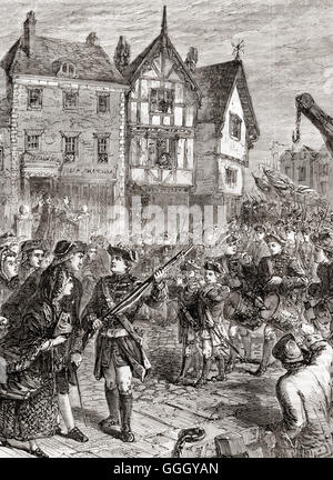 Soldats britanniques entre Boston, l'Amérique en 1768 pour protéger et soutenir les fonctionnaires coloniaux nommé à l'état qui tentent de faire respecter la législation parlementaire impopulaires. Banque D'Images