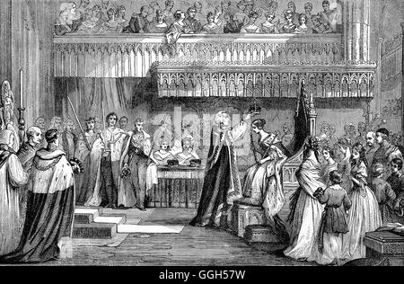 Le couronnement de la Reine Victoria a eu lieu le 28 juin 1838, un peu plus d'un an après qu'elle accéda au trône à l'âge de 18 ans. La procession vers et à partir de la cérémonie à l'abbaye de Westminster a été vu par des foules sans précédent, comme le nouveau chemin de fer a rendu plus facile pour un montant estimé à 400 000 pour venir à Londres, dans le reste du pays Banque D'Images