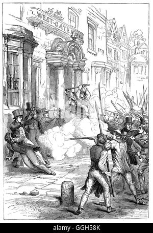 L'augmentation de Newport a été la dernière grande rébellion armée contre l'autorité en Grande-Bretagne, et l'un des plus grands massacres de civils commis par le gouvernement britannique au xixe siècle. Le 4 novembre 1839, près de 10 000 sympathisants chartiste, dont de nombreux mineurs pour libérer d'autres chartistes qui auraient été faits prisonniers dans le Westgate Hotel à Newport, Monmouth. Environ 22 des manifestants non armés ont été tués lorsque les soldats ont ouvert le feu sur eux. Les dirigeants de la rébellion ont été condamnés à la mort d'un traître, commuée en déportation à vie. Banque D'Images