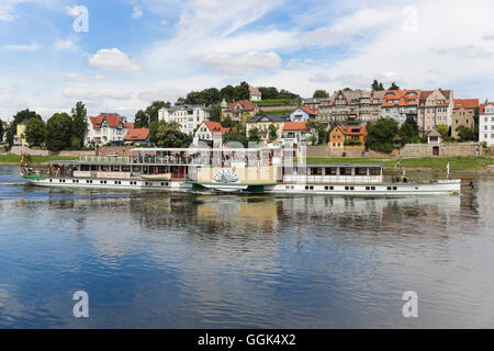 Bateau à aubes sur le fleuve Elbe entre Diesbar-Seusslitz et Meissen, Saxe, Allemagne Banque D'Images