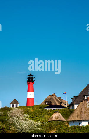 Maisons d'Adobe et le phare, l'île de Sylt, Hoernum, au nord de l'archipel Frison, Schleswig-Holstein, Allemagne Banque D'Images