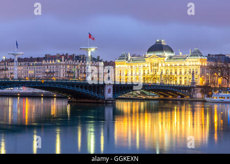 Le long pont de l'Université de Lyon Rhône la nuit à Lyon France Banque D'Images