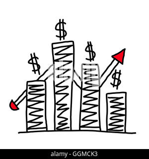 Un graphique graphiques dessinés à la main, vers le haut point de données de plus en plus de notion de profit dans les affaires sur fond blanc. Banque D'Images