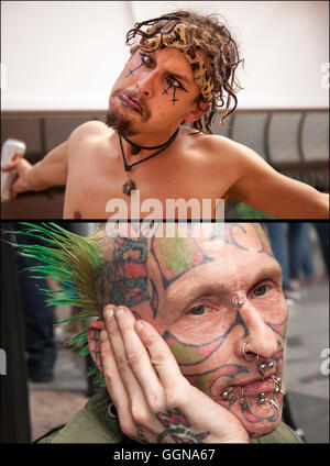 Rébellion Blackpool, Lancashire, Royaume-Uni. 6 août 2016. Le festival de la rébellion du 20e anniversaire est retourné aux jardins d'hiver de Blackpool comme l'un des plus grands festivals punk au monde. Des punks aux cheveux piquant se sont réunis au plus grand festival de musique alternative du Royaume-Uni. Le Rebellion Festival voit des groupes de punk qui se balancer sur scène dans les jardins d'hiver de Blackpool chaque année pour le plaisir de la foule. Les rues du centre de villégiature sont peintes de toutes les couleurs de l'arc-en-ciel, tandis que les fans de punk d'une longue vie se rassemblent dans le complexe avec des mohawks aux couleurs vives, des vestes en cuir et des pantalons écossais. Crédit : MediaWorldImages/Alamy Live News Banque D'Images