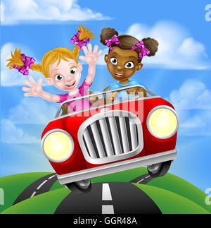 Cartoon girls having fun conduite rapide dans une voiture sur un road trip Banque D'Images