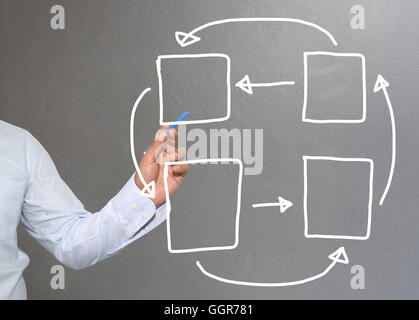 Main de businessman dessiner des graphismes un graphique des formes géométriques des symboles à l'entrée d'information concept d'investissement lucratif dans busin Banque D'Images