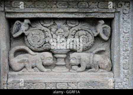 Prambanan, détails des sculptures hindoues sur les côtés des temples Banque D'Images