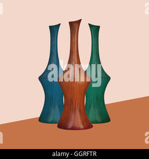 L'entreposage de liquides et de fleurs - Composition de trois vases décoratifs sur un fond beige. Banque D'Images