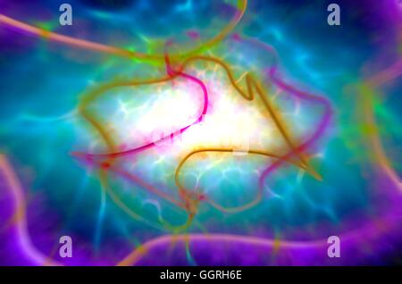 Superstrings, conceptual artwork de l'ordinateur. La théorie des supercordes est une Théorie Du Tout (Grand Unification Theory), qui cherche à unir la force gravitationnelle avec les autres forces fondamentales (l'électromagnétisme et les forces nucléaires) qui sont déjà descr Banque D'Images