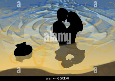 Silhouette Couple kiss,dans l'eau. Arrière-plan de la Saint-Valentin avec Cupidon et de couple in love, illustration de l'image. Banque D'Images