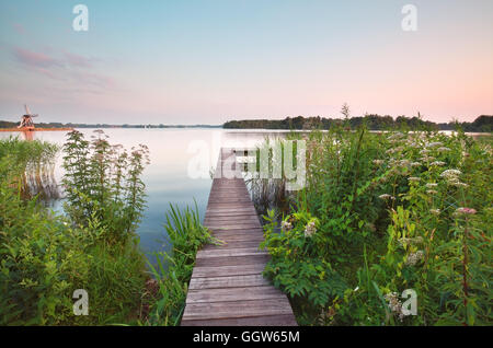 Jetée en bois sur grand lac en été, Groningen, Pays-Bas Banque D'Images