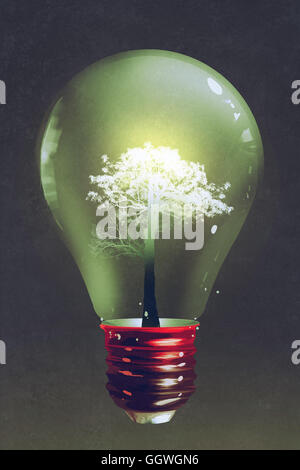 Ampoule avec la lumière à l'intérieur de l'arboriculture sur fond sombre,illustration,peinture numérique Banque D'Images