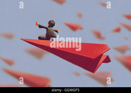 Homme assis sur papier avion rouge dans le ciel,illustration peinture Banque D'Images