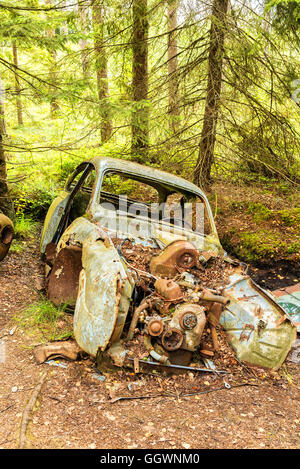 Une voiture cimetière situé dans une forêt à Kirkoe Mosse, la Suède. Banque D'Images