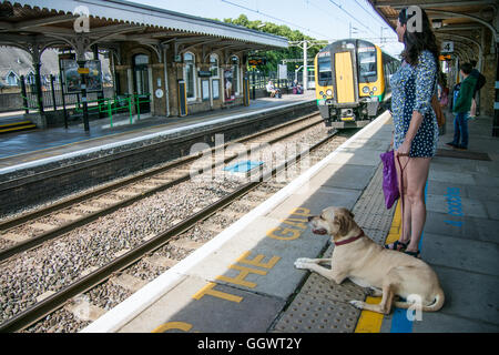 Femme avec chien en attente à Berkhamsted Gare pour train pour Londres Banque D'Images