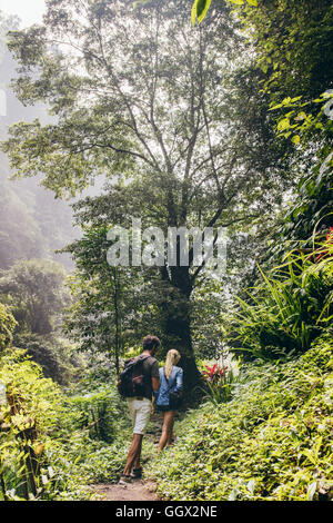 Vue arrière du jeune couple hiking dans les montagnes. Couple de touristes en marchant le long du sentier forestier. Banque D'Images