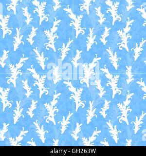 Silhouettes de plantes Blanc sur bleu, motif transparent Illustration de Vecteur