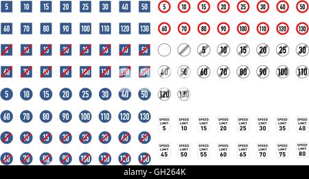 Grand ensemble de différentes limites de vitesse signalisation routière sur blanc Illustration de Vecteur