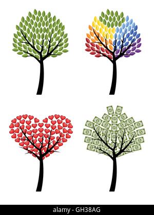 Ensemble d'arbres. Eco, arc-en-ciel, coeurs, de l'argent. Illustration vecteur de concept. Illustration de Vecteur