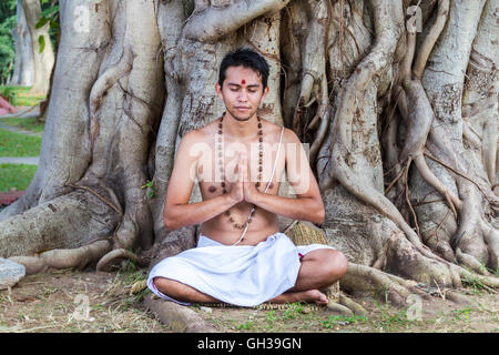 Un jeune homme est assis en méditation hindoue sous un arbre banian. Banque D'Images